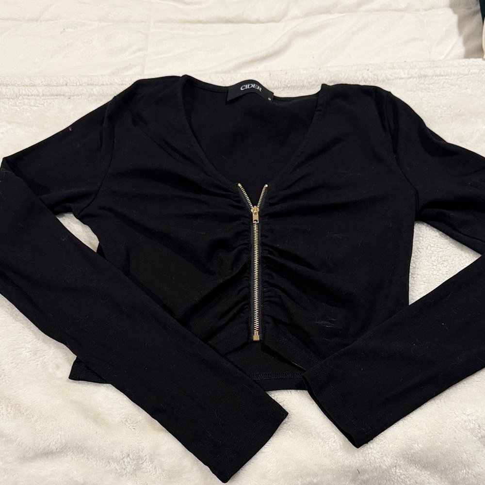 Cider Black Zip-Up Crop Top